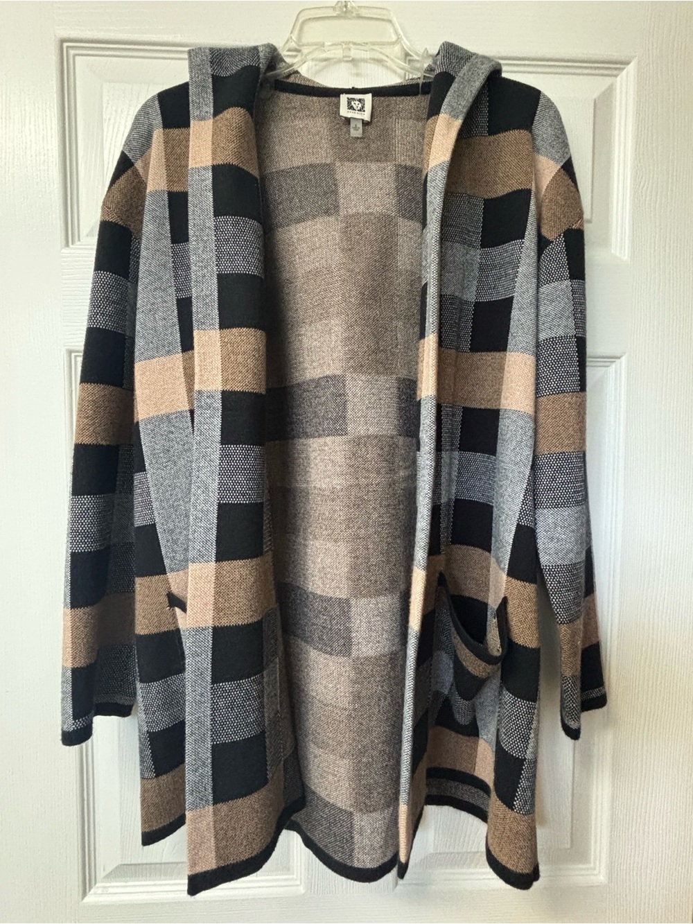 Women’s Hooded Open-Front Cardigan Sweater in Black, Gray & Tan